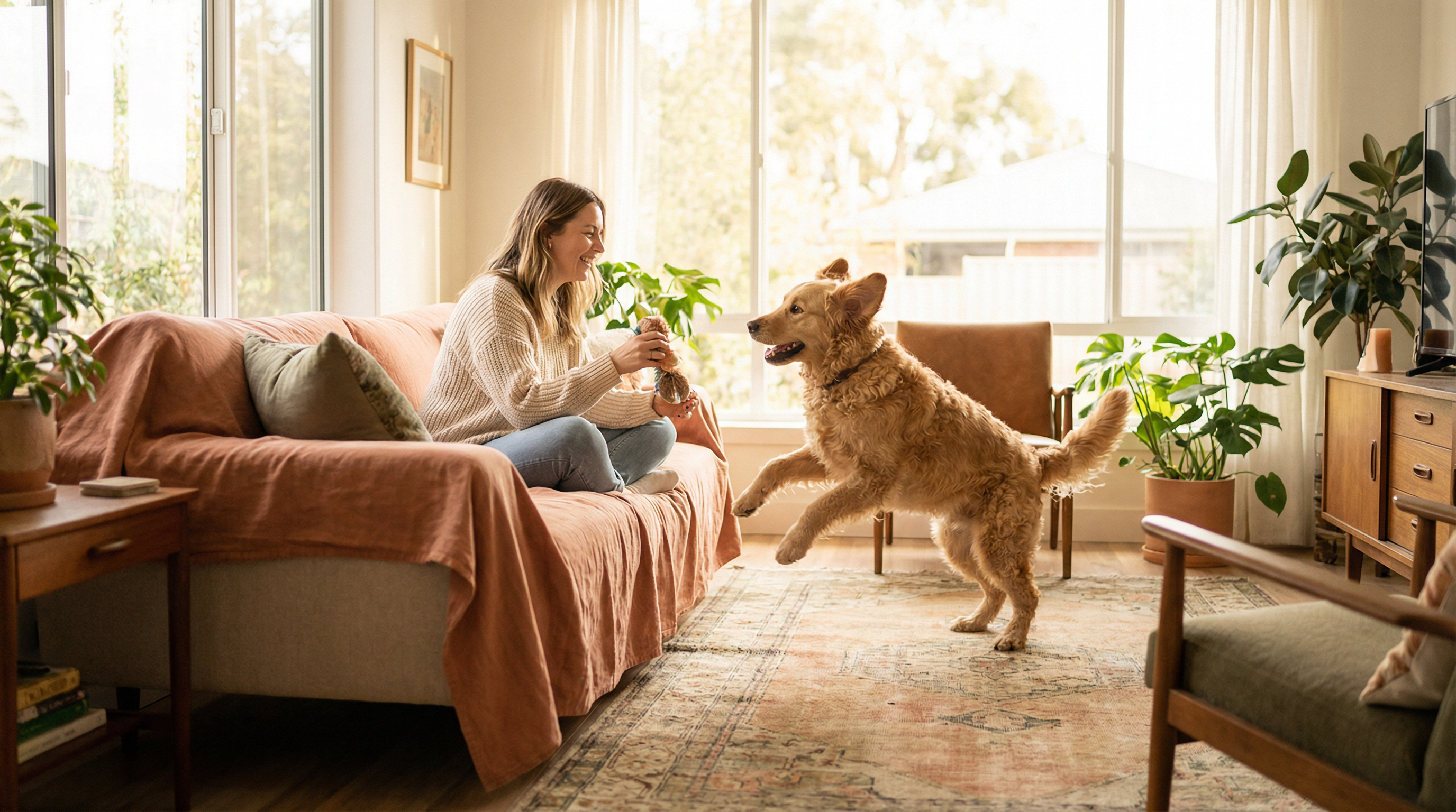 Happy pet owner playing with their dog